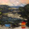 Jos&eacute; De Le&oacute;n. Paisaje de la barca azul y la casita naranja. :: 2005.  146x162cm.  óleo/lino